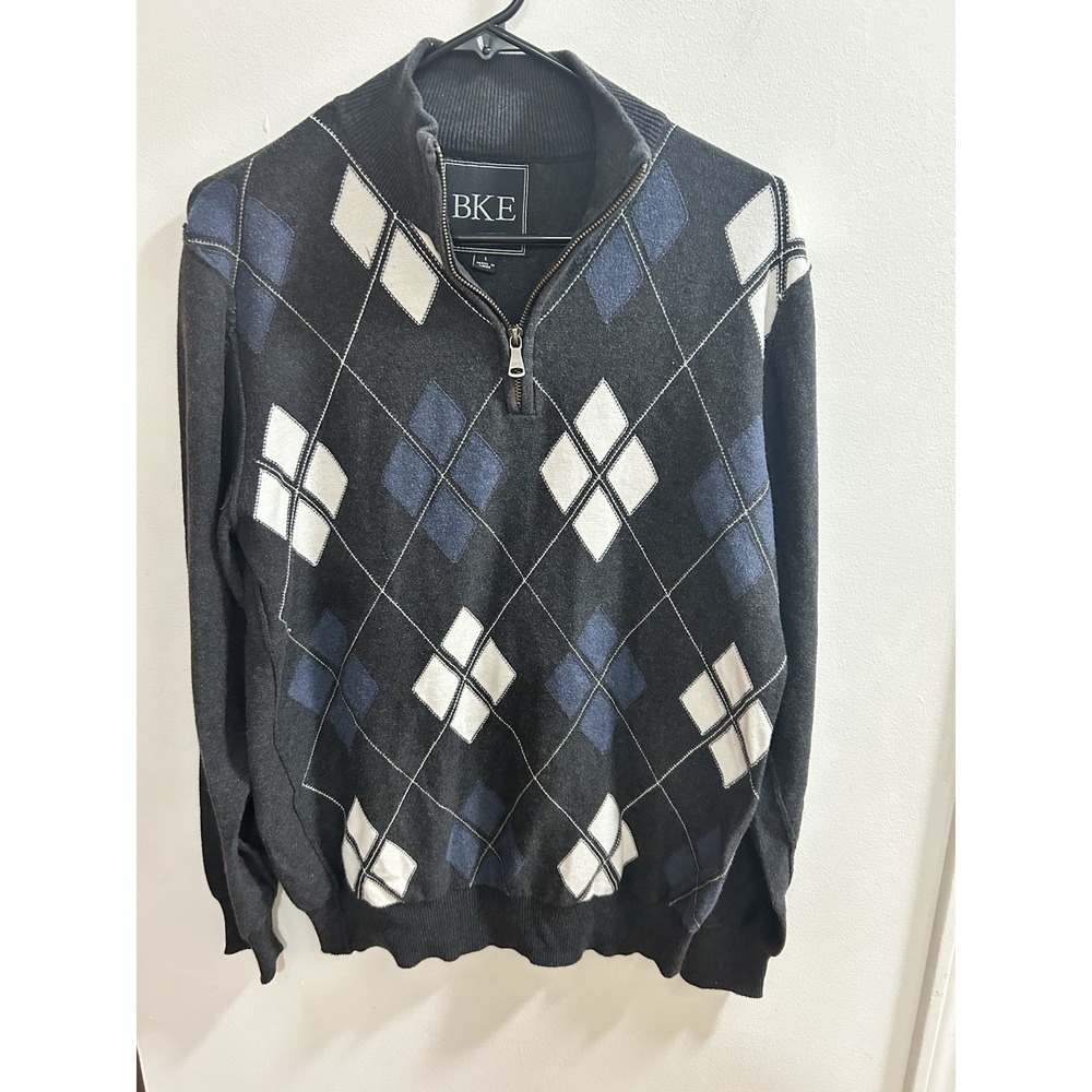 BKE Mens Argyle Quarter Zip Sweater Charcoal Blue White Large Mock Neck Knit‎